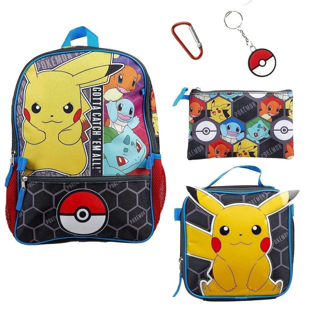 Pokemon Pikachu 16" Backpack Insulated Lunch Box 5 piece Mega Set School Bag New